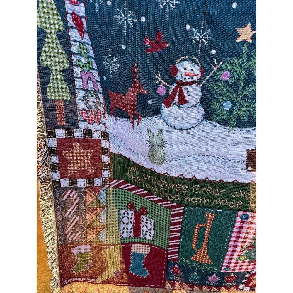 Christmas Tapestry Throw Blanket Snowman Forest Animals Farmhouse Lodge 50x48